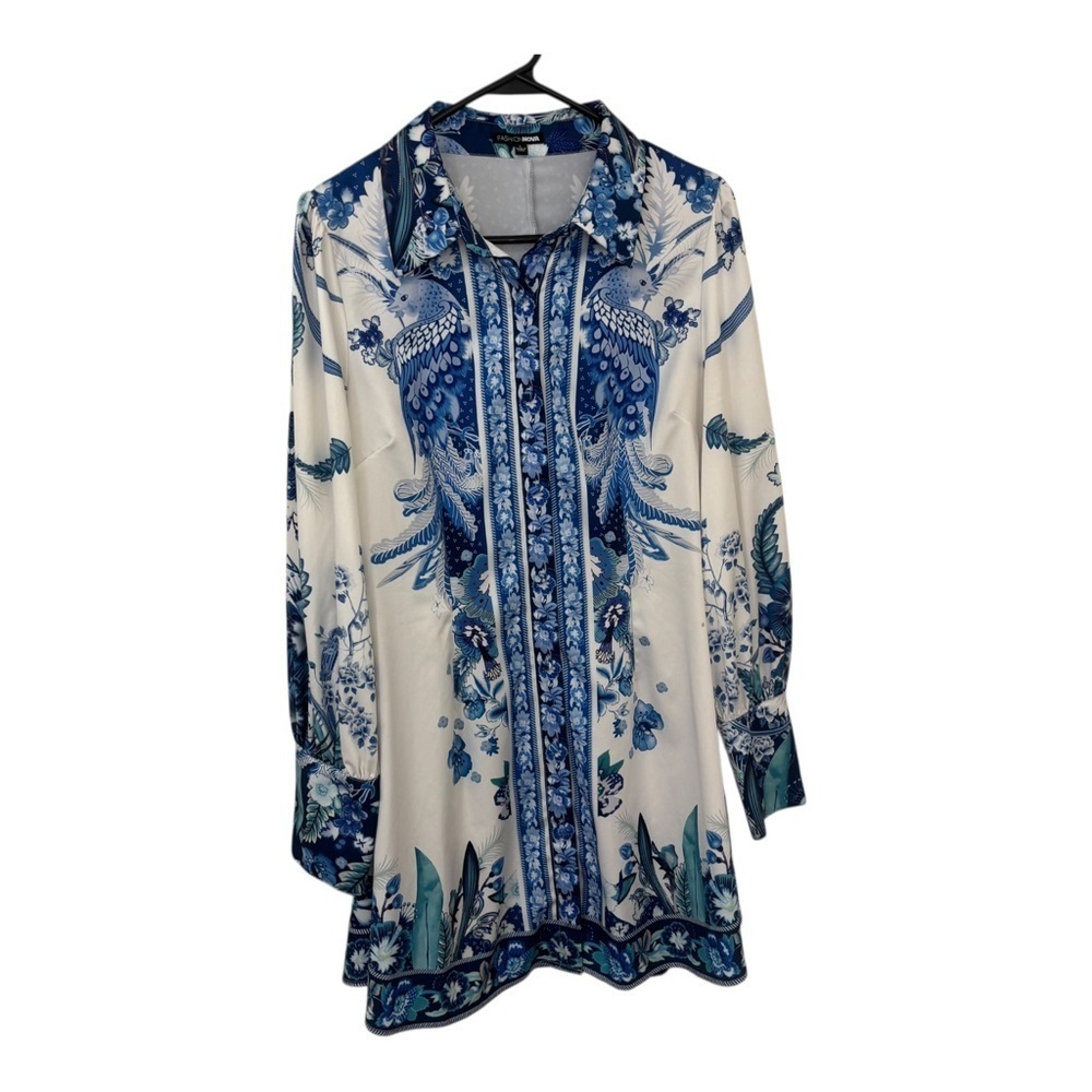 Fashion nova Blue and White floral peacock long sleeve shirt dress size L